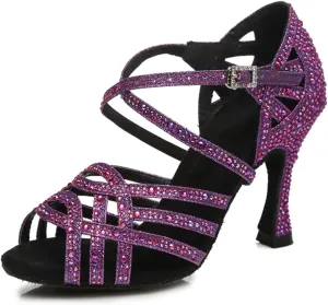 Women's Stylish Sparkle Rhinestones Peep Toe Satin Ballroom Modern Tango Party Wedding Practice Dance Shoes Purple US 8.5