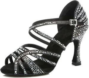 Women's Stylish Sparkle Rhinestones Peep Toe Satin Ballroom Modern Tango Party Wedding Professional Dance Shoes Black US 5