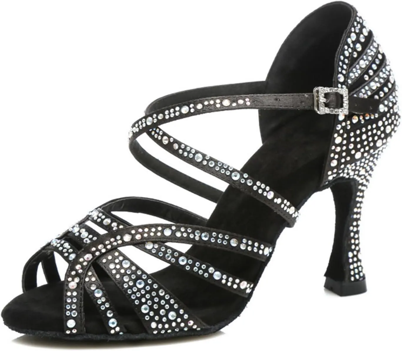 Women's Stylish Sparkle Rhinestones Peep Toe Satin Ballroom Modern Tango Party Wedding Professional Dance Shoes Black US 5