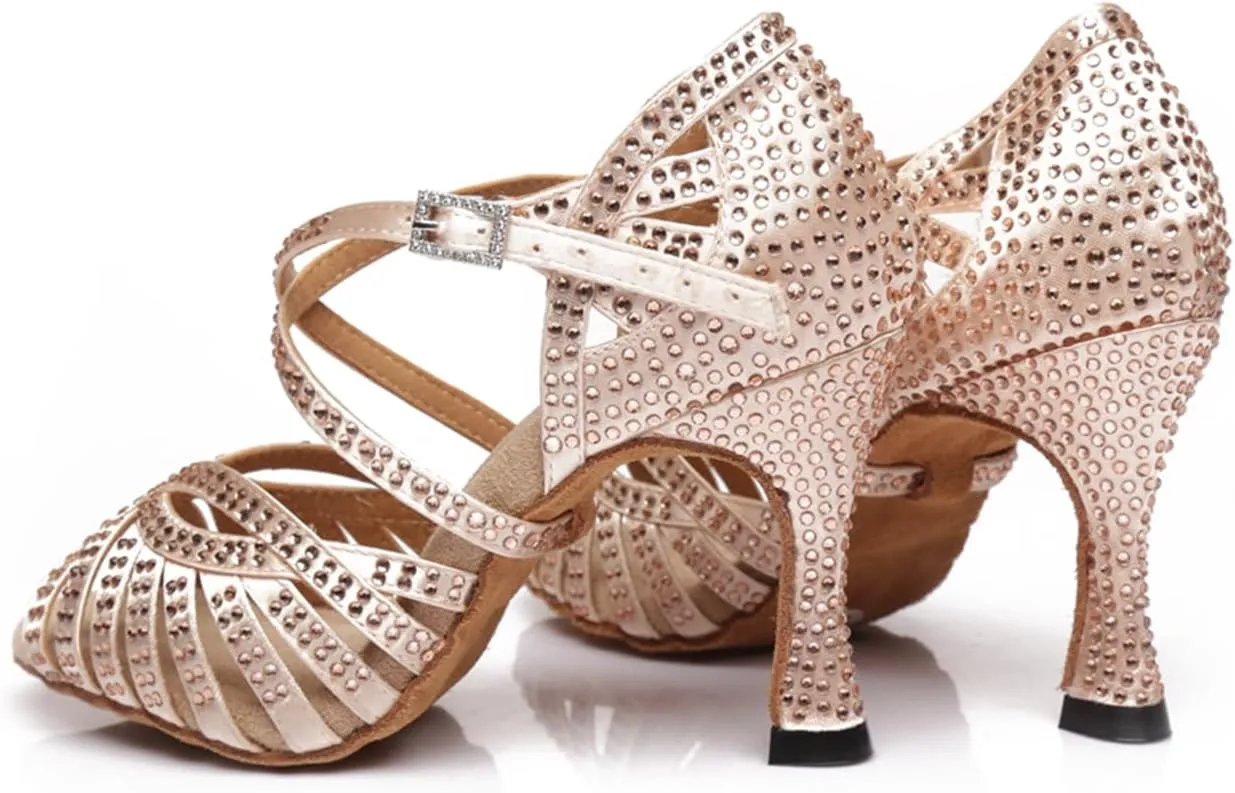 Women's Stylish Sparkle Rhinestones Peep Toe Satin Ballroom Modern Tango Party Wedding Professional Dance Shoes