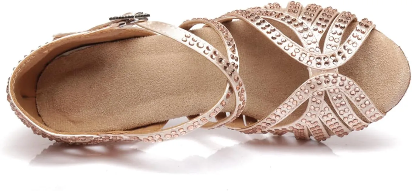 Women's Stylish Sparkle Rhinestones Peep Toe Satin Ballroom Modern Tango Party Wedding Professional Dance Shoes