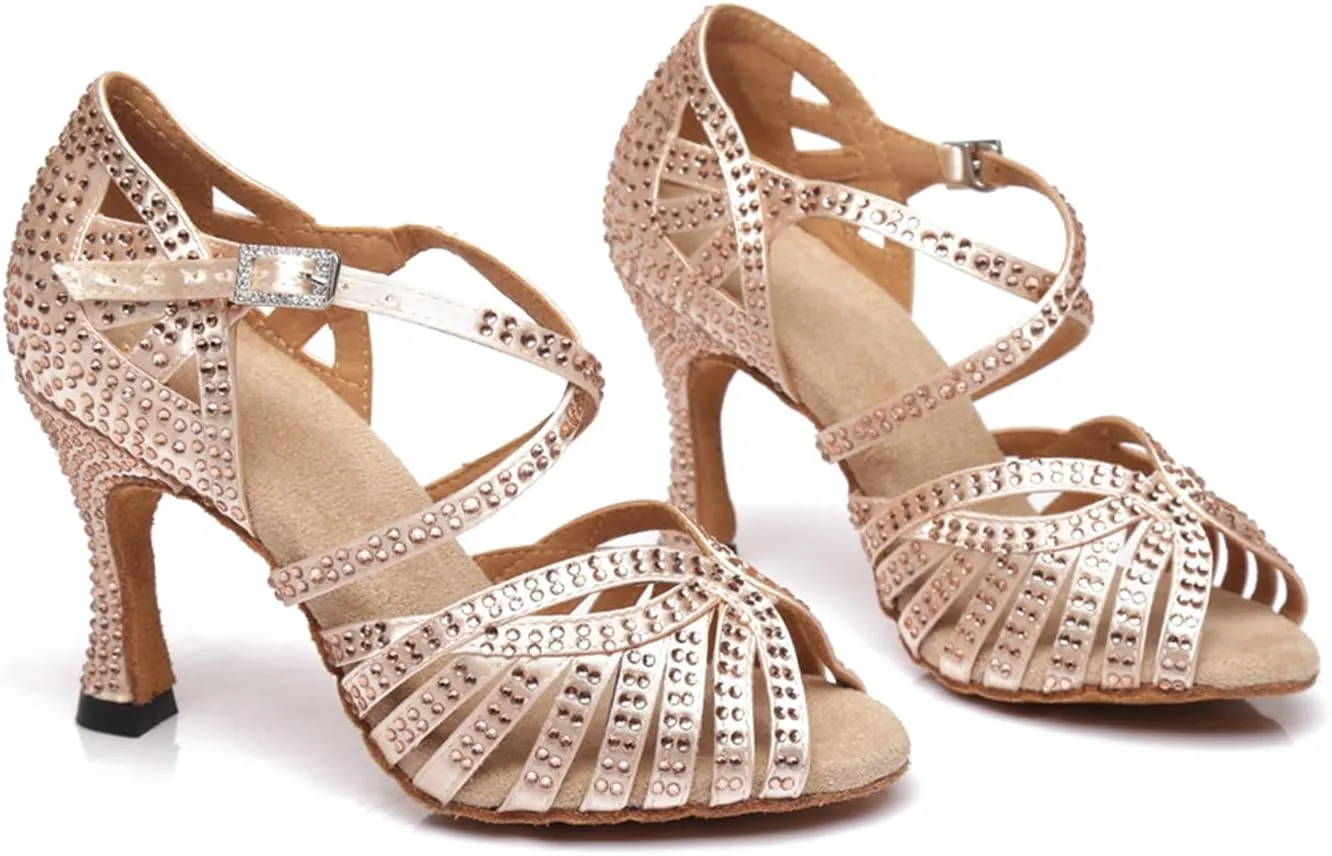 Women's Stylish Sparkle Rhinestones Peep Toe Satin Ballroom Modern Tango Party Wedding Professional Dance Shoes