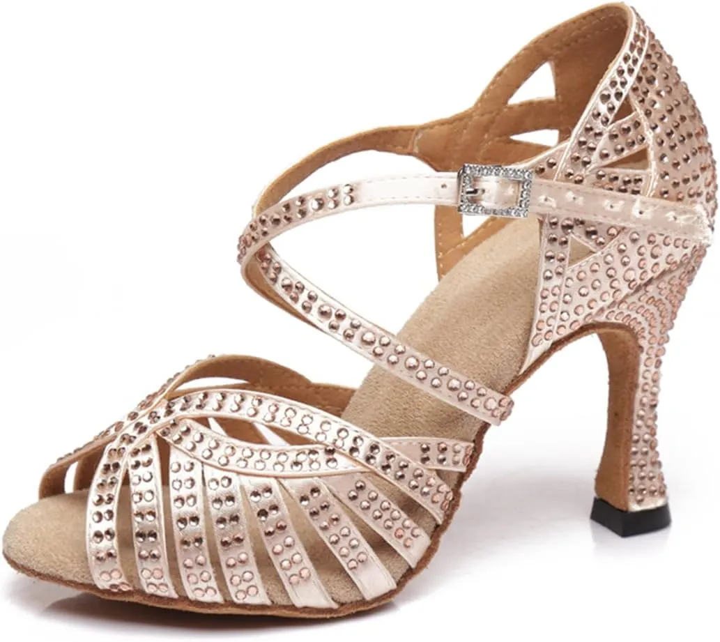 Women's Stylish Sparkle Rhinestones Peep Toe Satin Ballroom Modern Tango Party Wedding Professional Dance Shoes