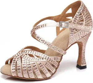 Women's Stylish Sparkle Rhinestones Peep Toe Satin Ballroom Modern Tango Party Wedding Professional Dance Shoes