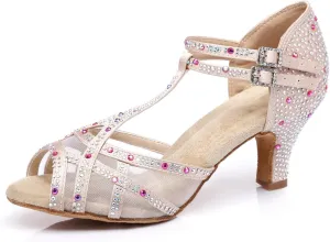 Women's Stylish Sparkle Rhinestones Peep Toe Satin Ballroom Salsa Party Wedding Practice Dance Shoes Nude US 6