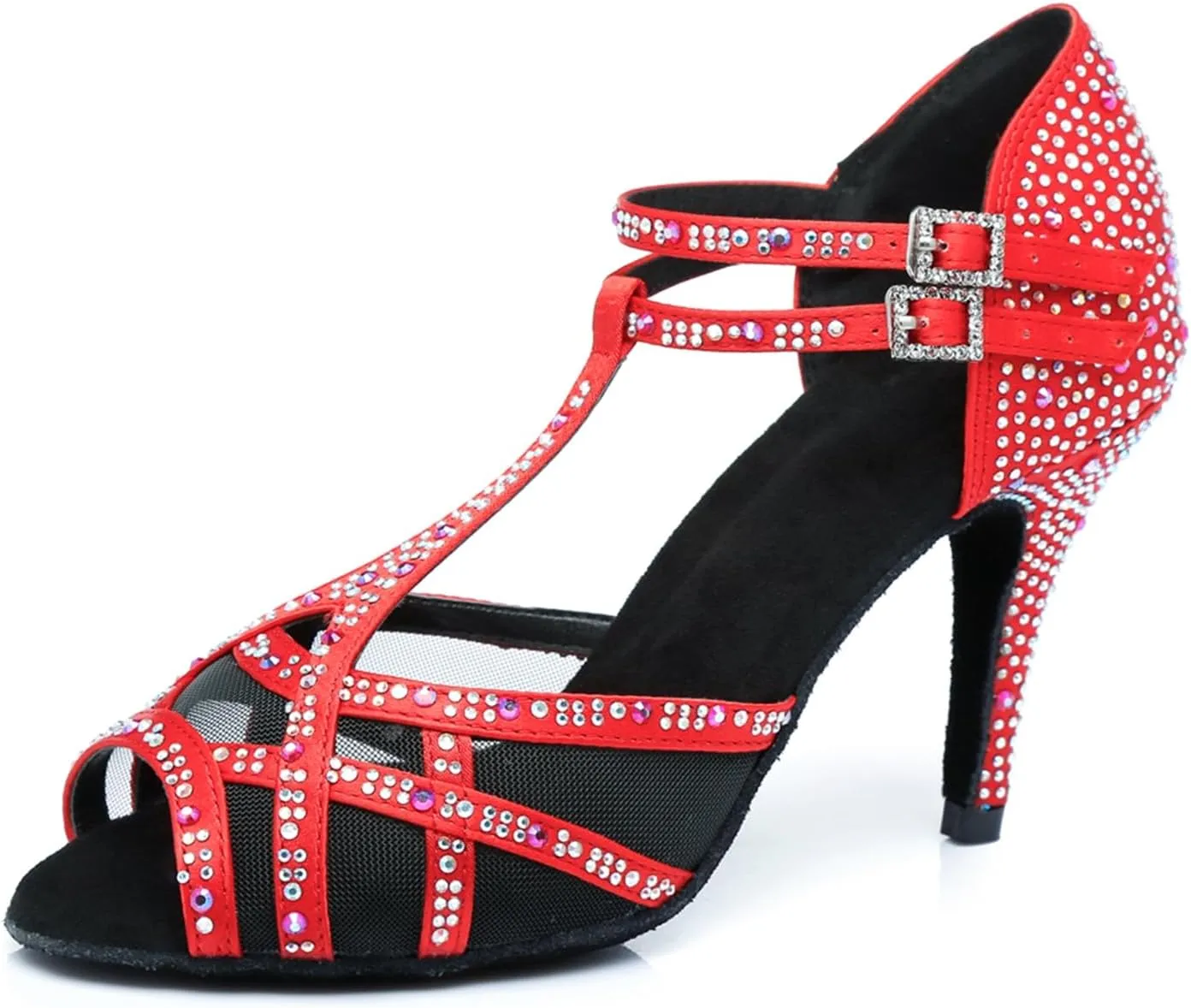 Women's Stylish Sparkle Rhinestones Peep Toe Satin Ballroom Salsa Party Wedding Practice Dance Shoes Red US 4.5