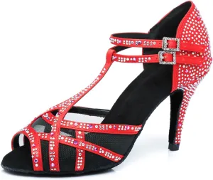 Women's Stylish Sparkle Rhinestones Peep Toe Satin Ballroom Salsa Party Wedding Practice Dance Shoes Red US 4.5