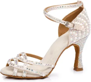 Women's Stylish Sparkle Rhinestones Peep Toe Satin Ballroom Samba Modern Party Wedding Professional Dance Shoes Nude US 6.5