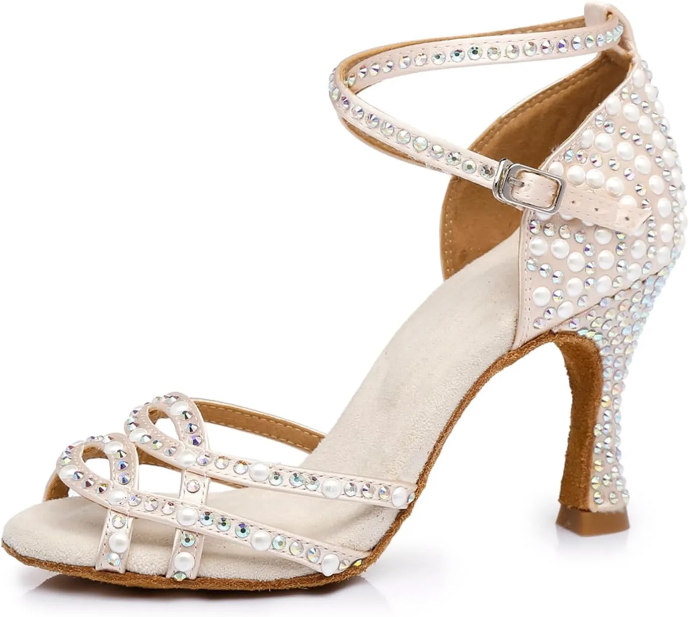 Women's Stylish Sparkle Rhinestones Peep Toe Satin Ballroom Samba Modern Party Wedding Professional Dance Shoes Nude US 6.5