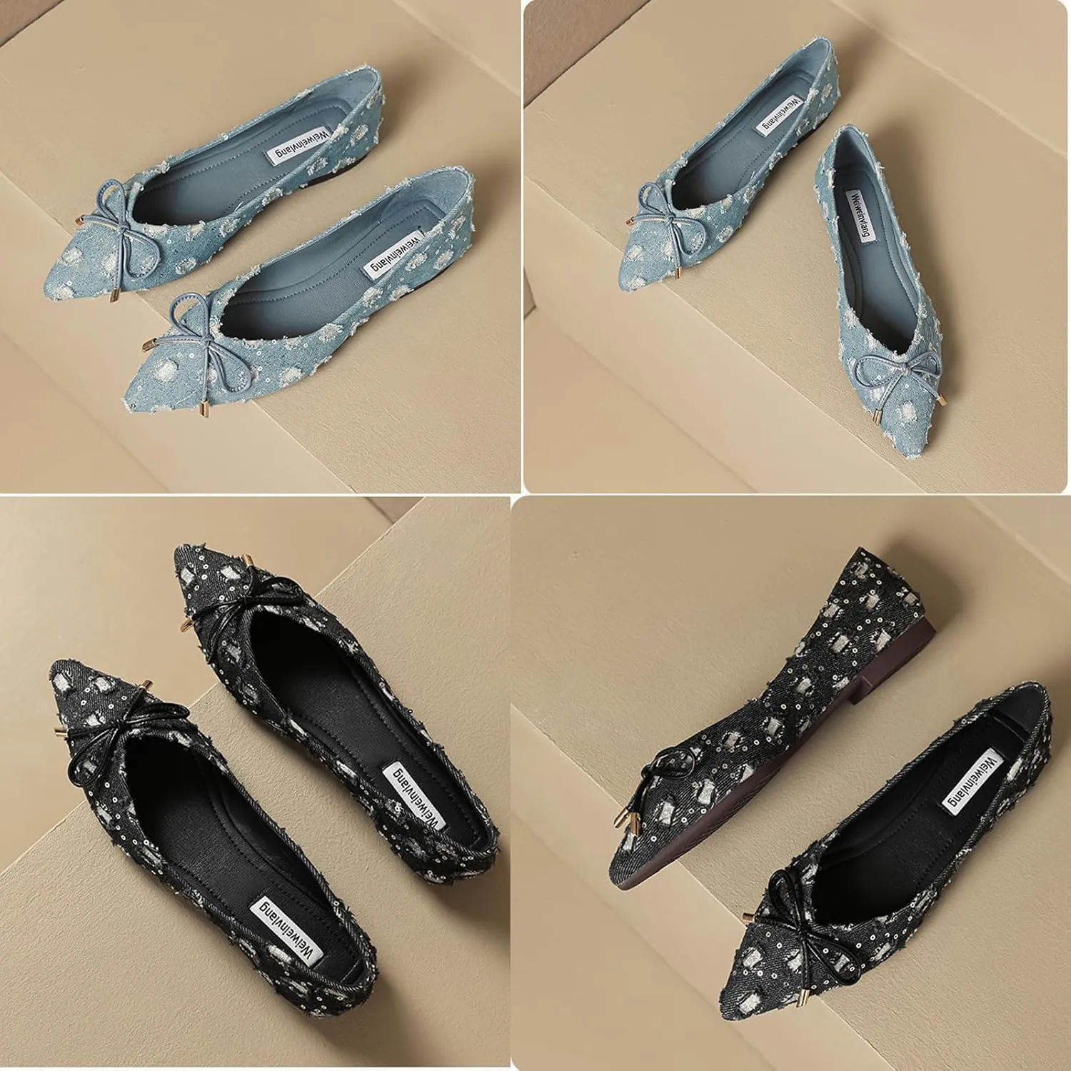 Women's Stylish Suede Denim Ballet Flats,Comfortable Pointed Toe Bow Slip-On Dress Shoes for Work As Loafers.