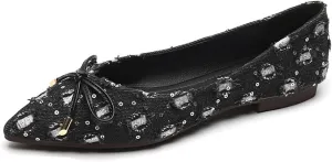 Women's Stylish Suede Denim Ballet Flats,Comfortable Pointed Toe Bow Slip-On Dress Shoes for Work As Loafers.