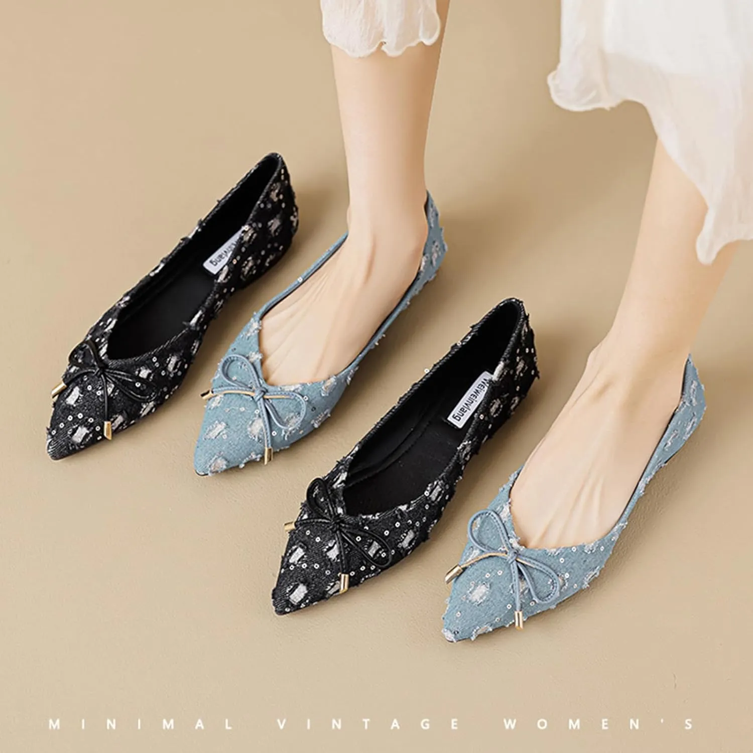 Women's Stylish Suede Denim Ballet Flats,Comfortable Pointed Toe Bow Slip-On Dress Shoes for Work As Loafers.