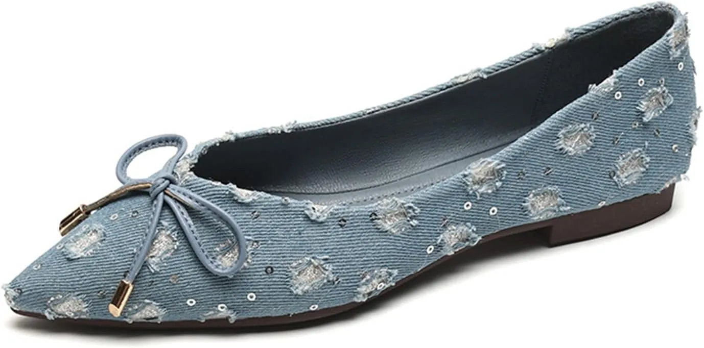 Women's Stylish Suede Denim Ballet Flats,Comfortable Pointed Toe Bow Slip-On Dress Shoes for Work As Loafers.