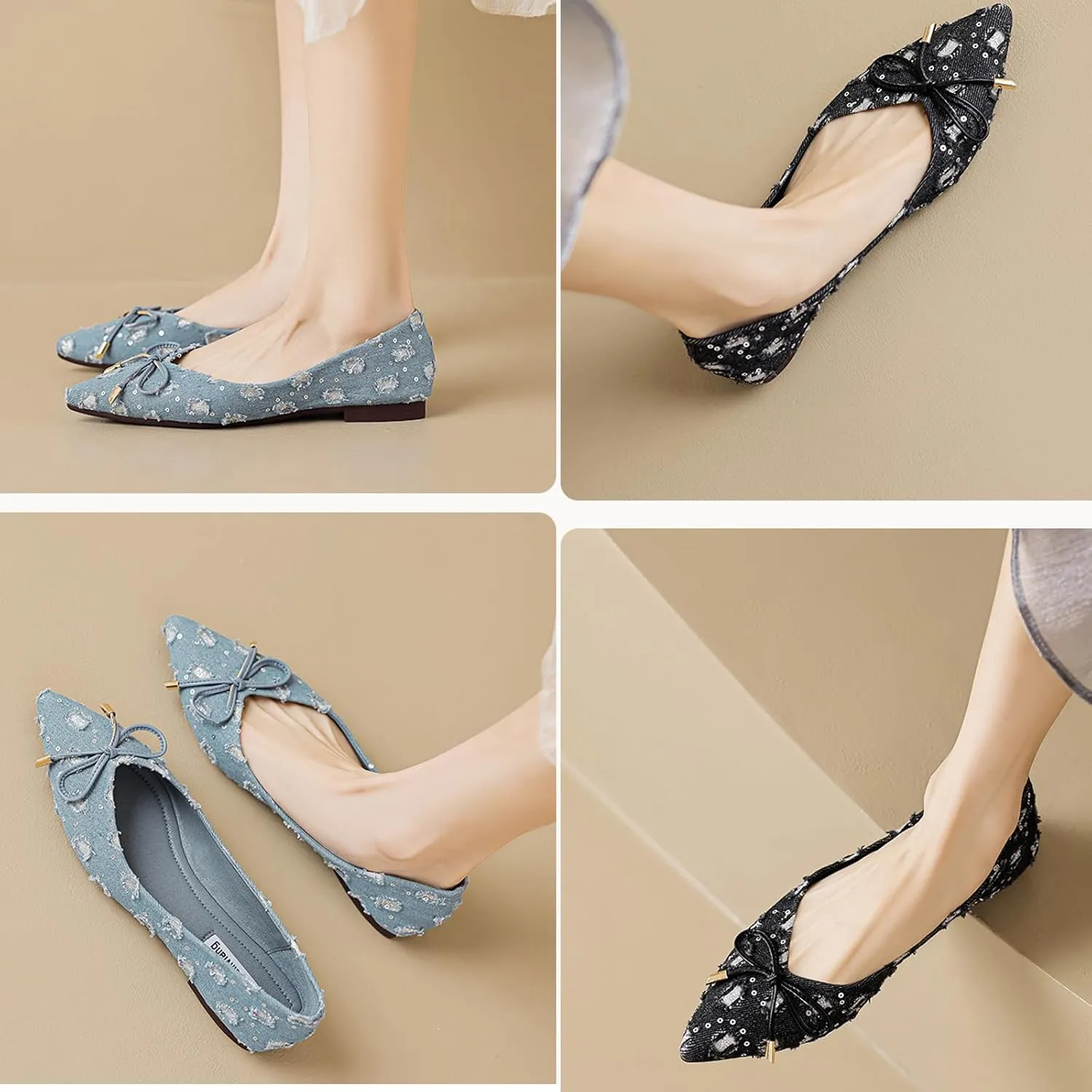 Women's Stylish Suede Denim Ballet Flats,Comfortable Pointed Toe Bow Slip-On Dress Shoes for Work As Loafers.