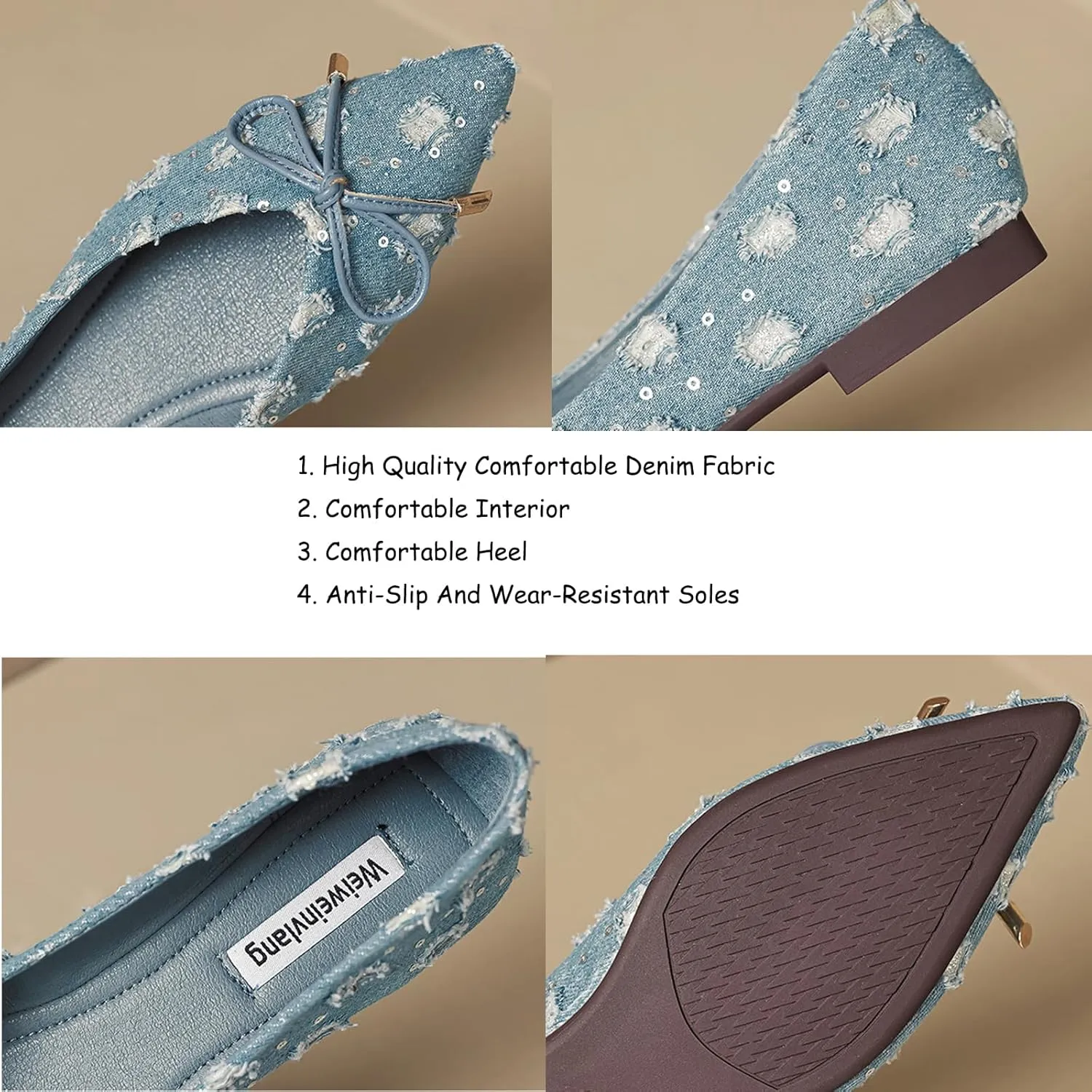 Women's Stylish Suede Denim Ballet Flats,Comfortable Pointed Toe Bow Slip-On Dress Shoes for Work As Loafers.