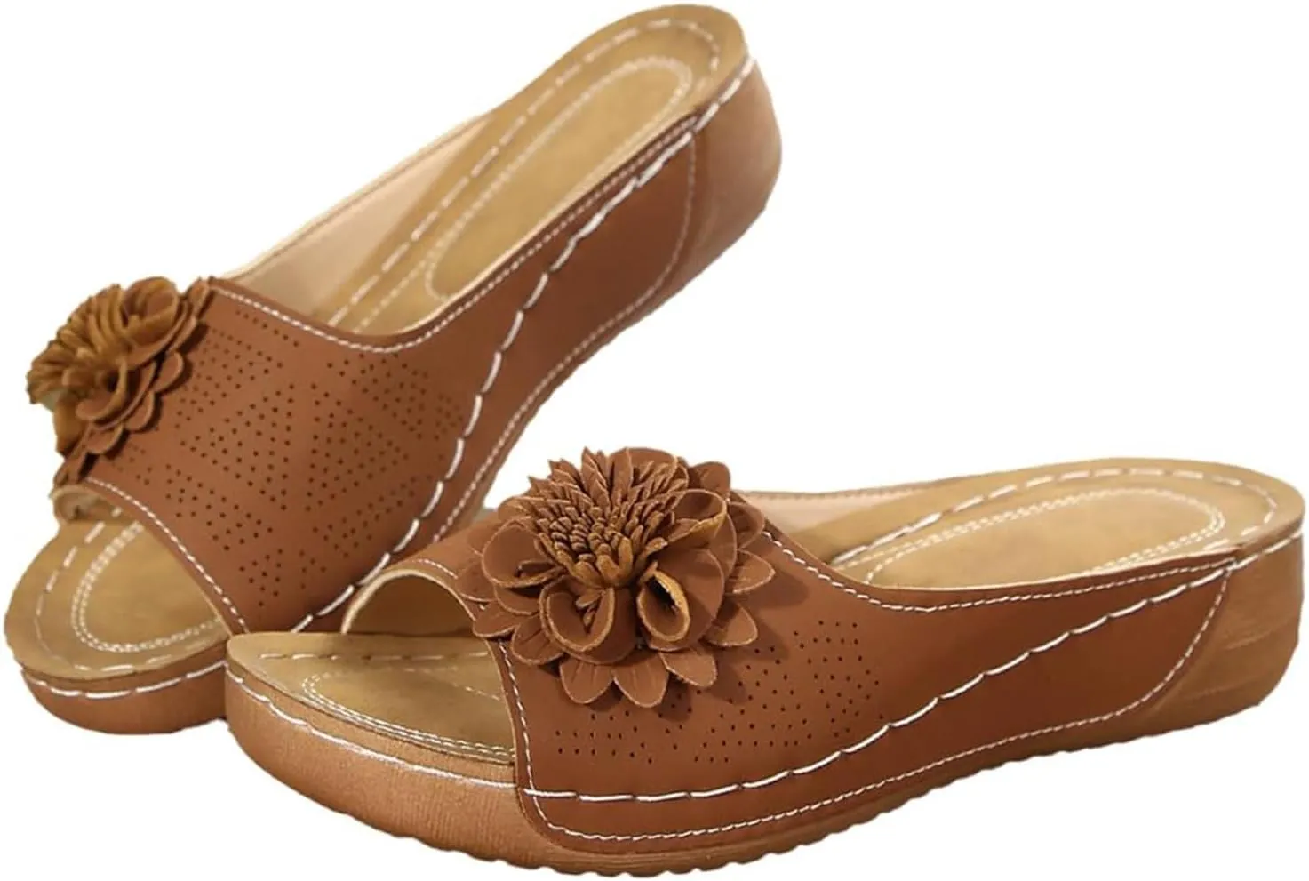 Womens Summer Beach Sandals Arch Support Fish Mouth Open Toe Leather Slippers Wedge Platform Sandal Open Toe Slides Ladies Dressy Sandals Slipper Platform Comfortable Flower Sandal Shoes