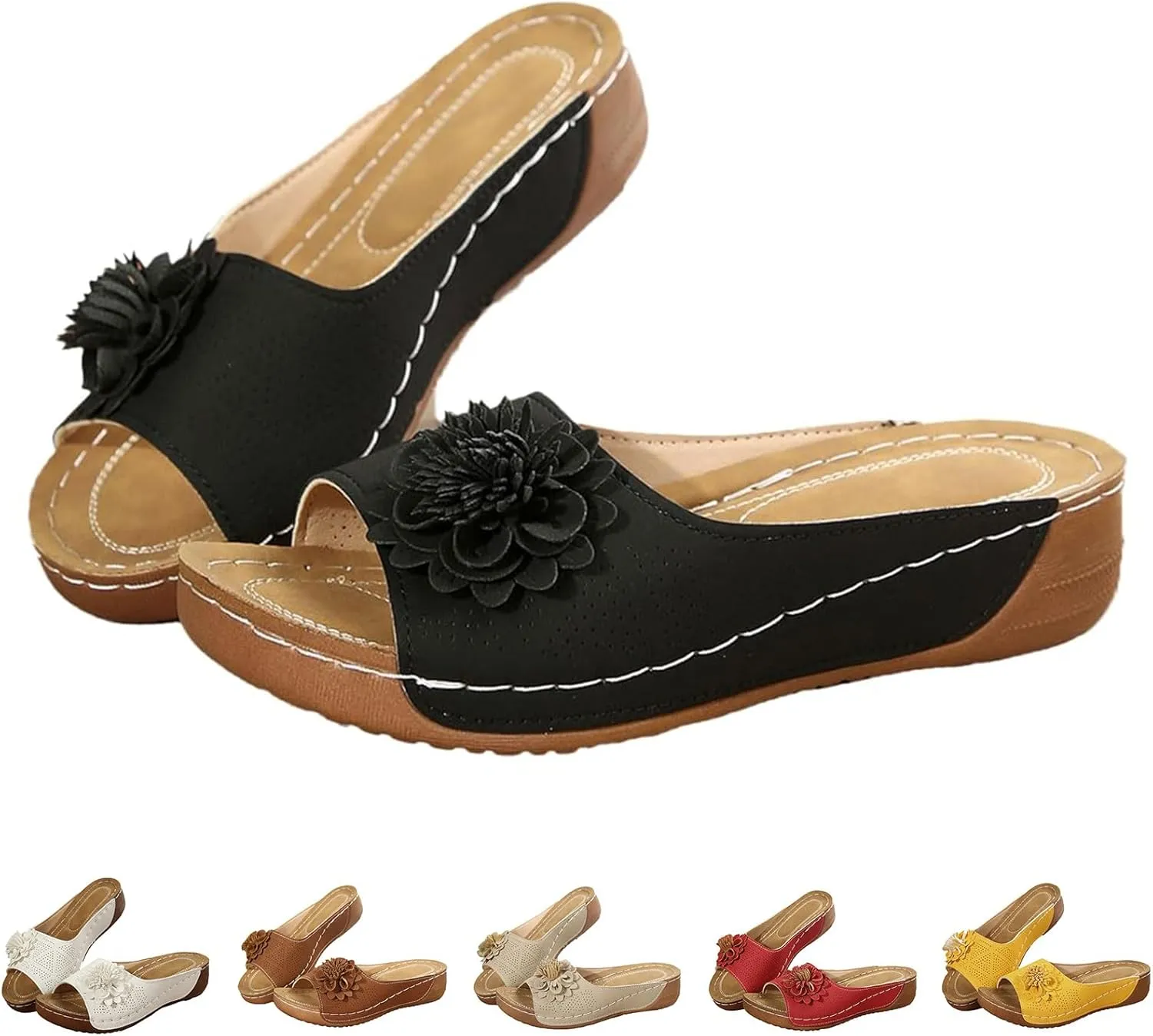 Womens Summer Beach Sandals Arch Support Fish Mouth Open Toe Leather Slippers Wedge Platform Sandal Open Toe Slides Ladies Dressy Sandals Slipper Platform Comfortable Flower Sandal Shoes
