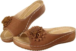 Womens Summer Beach Sandals Arch Support Fish Mouth Open Toe Leather Slippers Wedge Platform Sandal Open Toe Slides Ladies Dressy Sandals Slipper Platform Comfortable Flower Sandal Shoes
