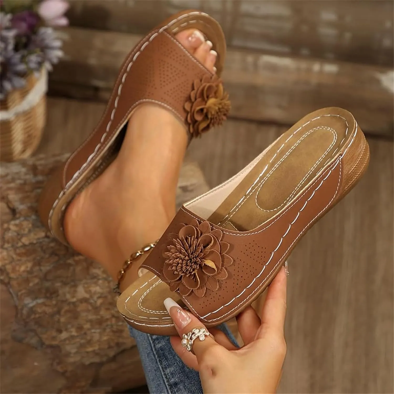 Womens Summer Beach Sandals Arch Support Fish Mouth Open Toe Leather Slippers Wedge Platform Sandal Open Toe Slides Ladies Dressy Sandals Slipper Platform Comfortable Flower Sandal Shoes