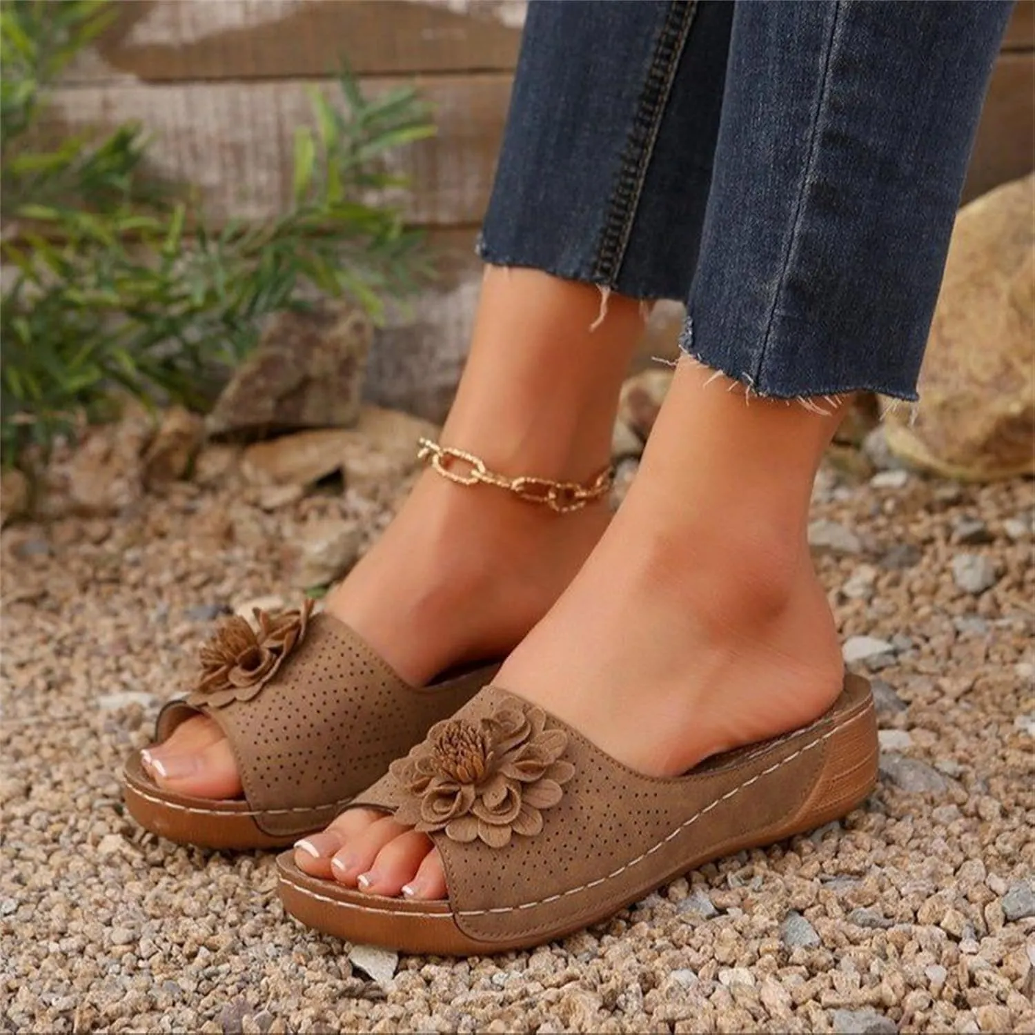 Womens Summer Beach Sandals Arch Support Fish Mouth Open Toe Leather Slippers Wedge Platform Sandal Open Toe Slides Ladies Dressy Sandals Slipper Platform Comfortable Flower Sandal Shoes