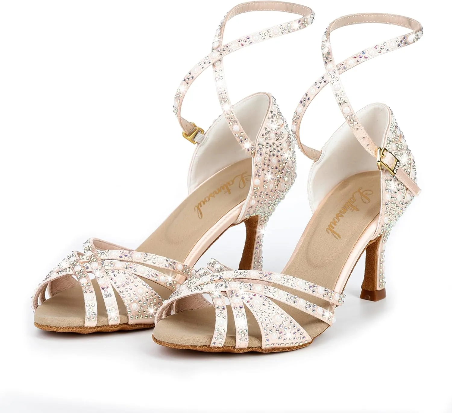 Y205-36 Women's Crystal Rhinestone Latin Dance High Heel Shoes - Stylish Adjustable Strap Design Comfortable Dance Shoes