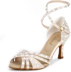 Y205-36 Women's Crystal Rhinestone Latin Dance High Heel Shoes - Stylish Adjustable Strap Design Comfortable Dance Shoes