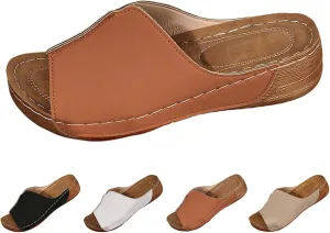 YOLAI Women's Solid Color Sandals Comfortable Arch Support Slides Breathable Summer Orthotic Leather Platform Wedge Sandals Slip on Women All Day Walking Casual Sandal