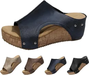 YOLAI Women's Solid Color Sandals Comfortable Arch Support Slides Breathable Summer Orthotic Leather Platform Wedge Sandals Slip on Women All Day Walking Casual Sandal